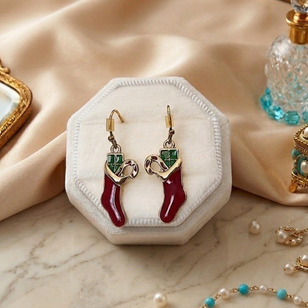 NRT Dangle Drop Earrings Christmas Stocking Candy Cane Gold Tone Enamel Hook